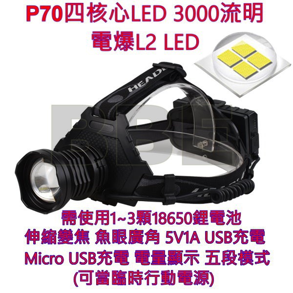 超高亮度 四核心 P70 LED頭燈 USB輸出電力功能 P70頭燈 伸縮變焦 XHP70 LED強光頭燈 LED頭