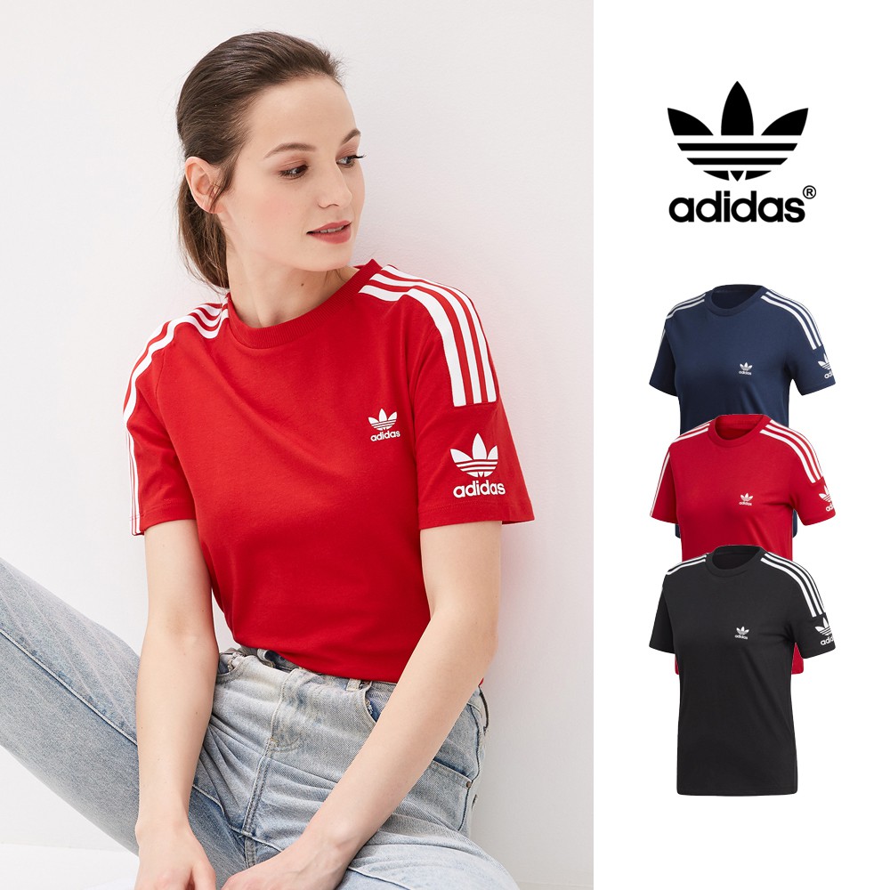 Adidas Originals 黑/紅/藍 短袖T恤 女款 純棉 休閒 上衣 短T 三葉草 Logo ED7530
