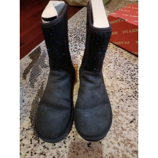 正版澳洲UGG牛皮深藍亮片限定款中筒雪靴原價5600保暖