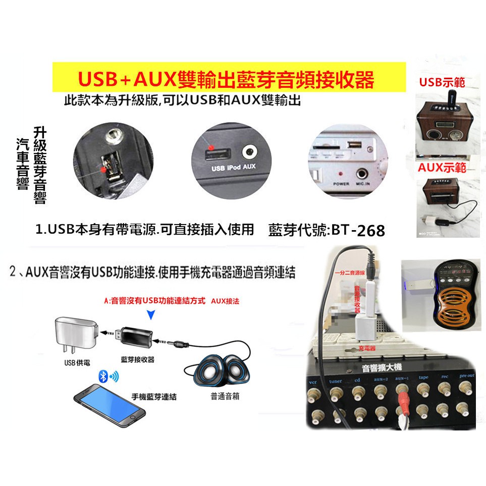 藍牙5 0升級版車用主機usb音頻接收器二合一秒變藍牙音響 家用音響升級轉無線aux孔3 5雙音源輸出 蝦皮購物
