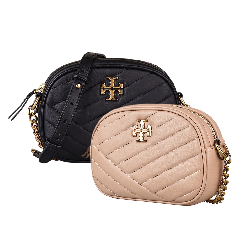 TORY BURCH KIRA CHEVRON金字LOGO斜紋設計羊皮拉鍊斜背相機包 (黑)