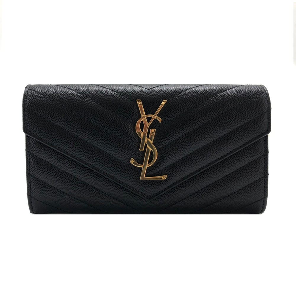 YSL Monogram V字縫線魚子醬牛皮金屬LOGO暗釦手拿長夾(372264-黑)