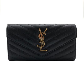 YSL Monogram V字縫線魚子醬牛皮金屬LOGO暗釦手拿長夾(372264-黑)