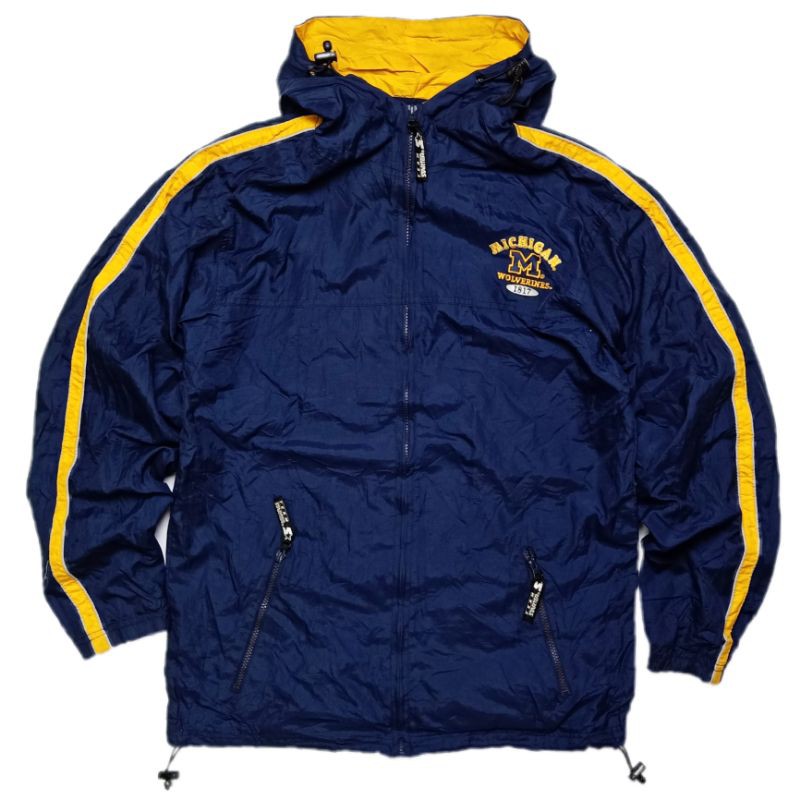 ✨車庫古著✨90s STARTER NCAA 連帽運動風衣夾克  密西根大學 狼獾橄欖球隊 風衣夾克 防風外套
