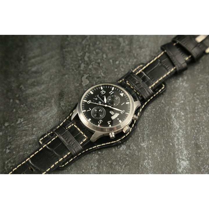 bund watch strap hamilton飛行軍錶風格 20mm 黑色皮底皮面壓鱷魚皮紋錶帶＋白線