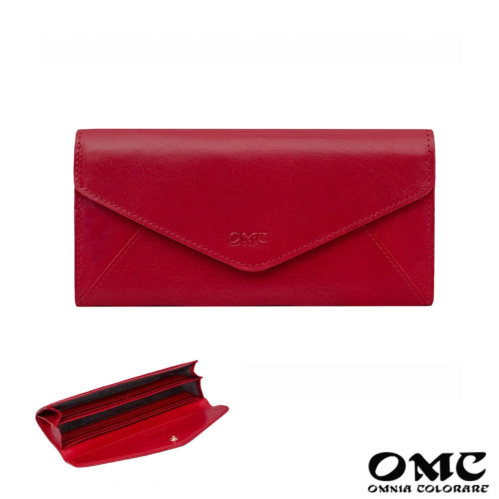 【OMC】義大利植鞣革信封式兩折牛皮長夾95116(紅色)
