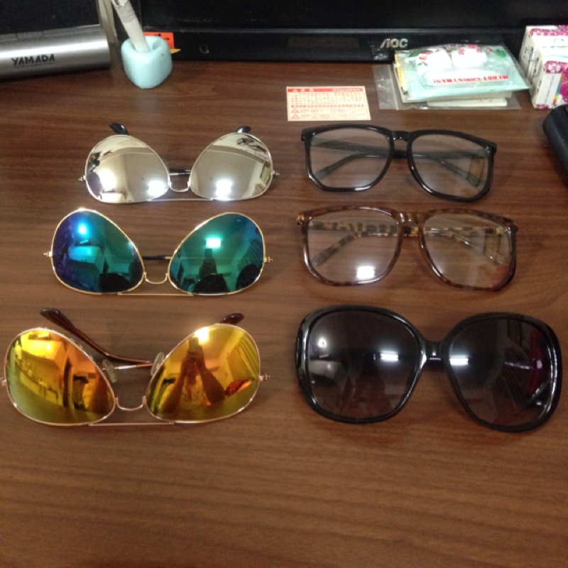 二手-無度數黑框眼鏡，金屬框反光水銀雷朋款太陽眼鏡/墨鏡