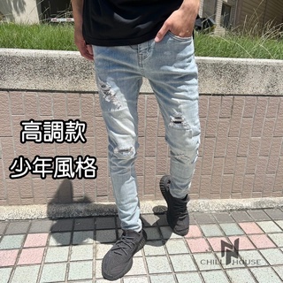 【CH】縫線補丁海洋藍牛仔褲 少年仔風格 窄管丹寧牛仔褲 街頭痞子 水洗牛仔褲 89 刷破牛仔褲 修身破褲#442
