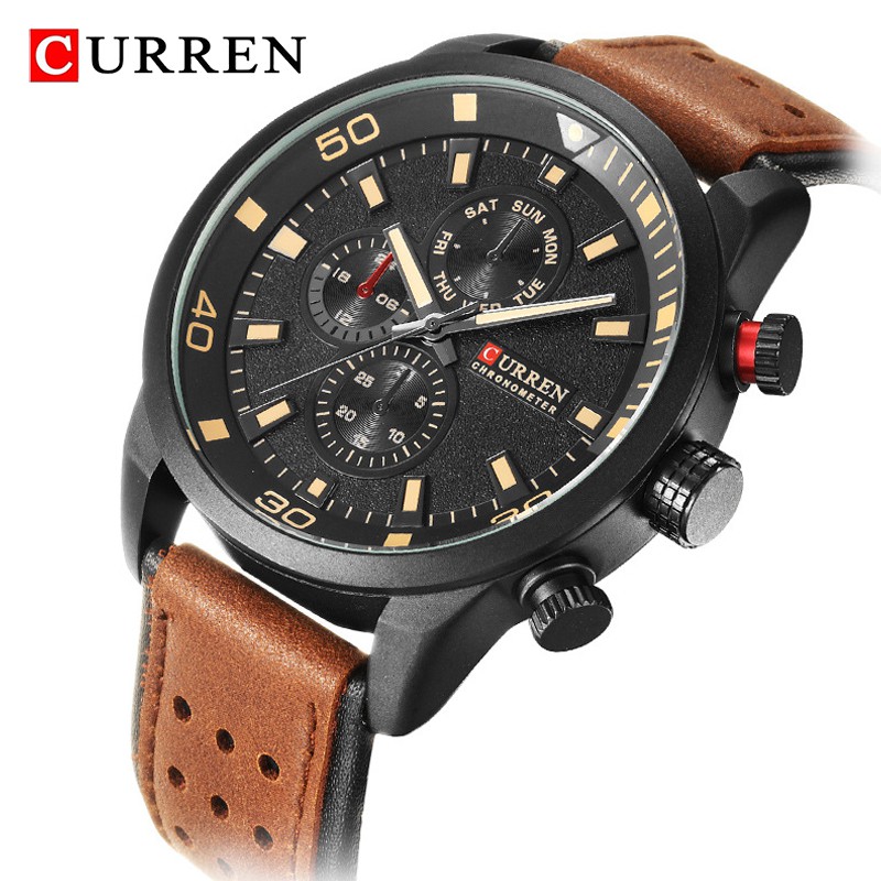 CURREN卡瑞恩 品牌男士手錶頂級豪華計時碼表皮革錶带石英防水運動手錶