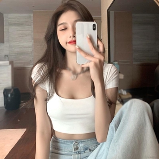 Comeandbuy-短版U領短袖上衣 短款純色T卹女 顯瘦上衣 性感上衣 貼身上衣 女生衣著 長袖T恤 打底衫 露臍