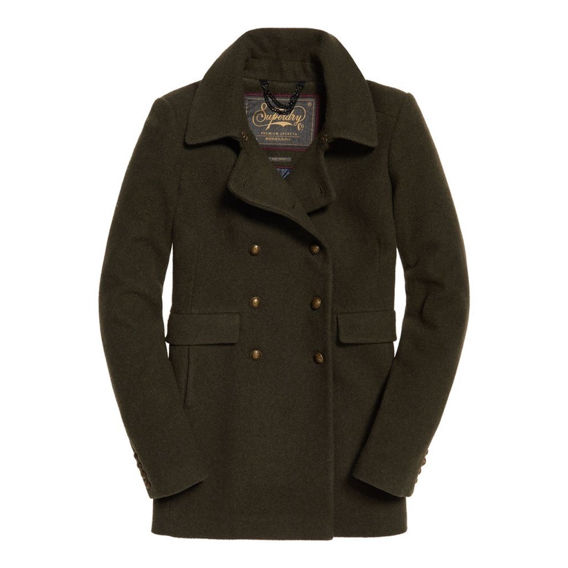 跩狗嚴選 極度乾燥 Superdry Pea Coat 女款 卡其 軍綠 經典軍裝 雙排扣 翻領大衣 中長版 羊毛外套