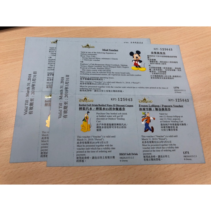 香港迪士尼 樂園二合一美食餐券 2張