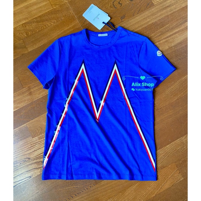 Moncler 紅白藍法國配色M 造型、雪山剪影印刷Logo、男成人款、寶藍色、男女可穿、短袖T恤。