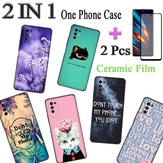 2 合 1 Tecno Pova 2 LE7 LE7n 彩繪圖案超薄軟矽膠卡通手機殼帶鋼化玻璃曲面陶瓷螢幕