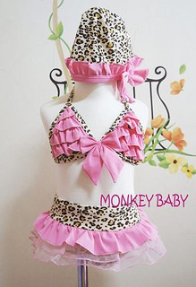【MONKEY BABY 】蕾絲豹紋圖案泳裝比基尼三件式/女童泳衣夏日玩水、泡溫泉