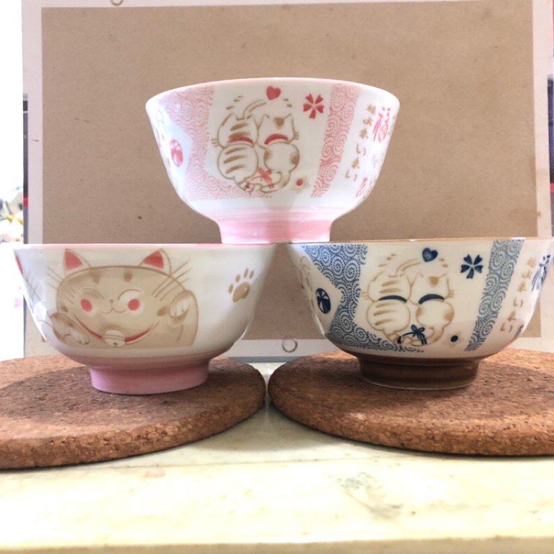 全新三入精緻裝飯大瓷碗，招財貓系列，口徑12.7，高6.9