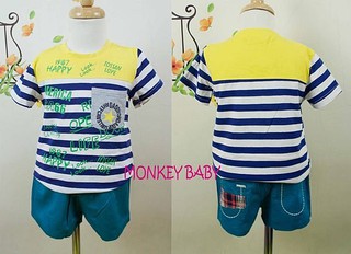 【MONKEY BABY 】超亮配色英文字樣橫條T恤 男童上衣(65004)