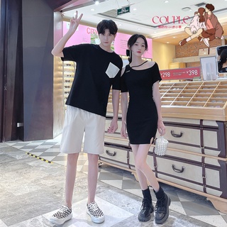 【COUPLE】2022夏季情侶❤❤氣質蝴蝶結連衣裙針織露背短裙男圓領T恤衫