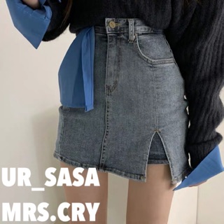 💗｜愛哭包｜歐美水洗高腰不規則A字包臀開衩牛仔褲裙