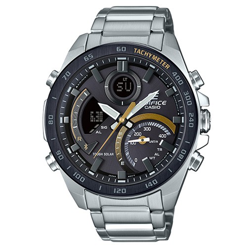 【CASIO】EDIFICE 夜行騎士計速藍牙太陽能雙顯不鏽鋼錶-銀X黑色錶圈(ECB-900DB-1C)