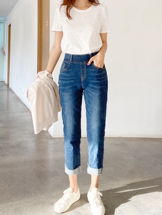 韓國 howluk 秋季新款牛仔褲 高腰男友牛仔褲 彈性腰頭 彈性布料【4027】tutti.moda/hana韓貨小舖