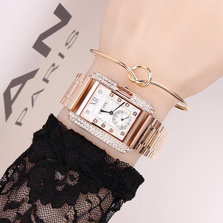香港GUOU 8121兩針半 古歐 復古潮流時尚鑲鑽 方形 水鑽氣質女士 玫瑰金鋼帶手表 women's watch
