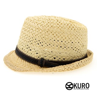 KURO-SHOP米黃色皮革帽帶草帽紳士帽