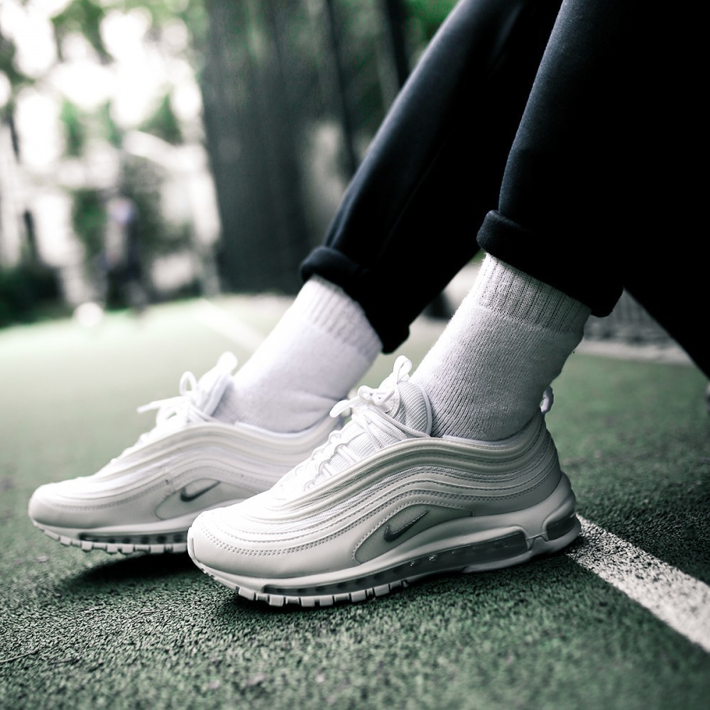 air max 97 triple white on feet