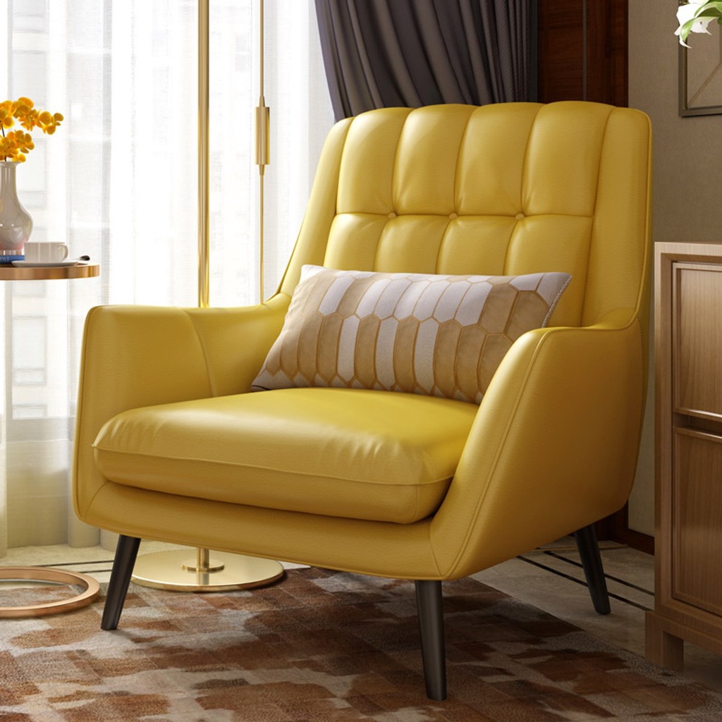 【hoi! 好好生活】hoi! 北歐頭層牛皮時尚高腳單人沙發椅（附抱枕）-檸檬黃/安運費用900元