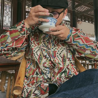 脆皮先生☞ 印地安 民族風 波西米亞 原宿 日系 拼接 撞色 腰果花 變形蟲 長袖襯衫 古著 襯衫 復古 圖騰 外套