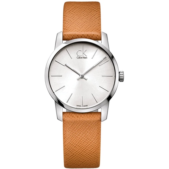 Calvin Klein CK 女 City 時尚品味橙色皮帶腕錶(K2G23120)