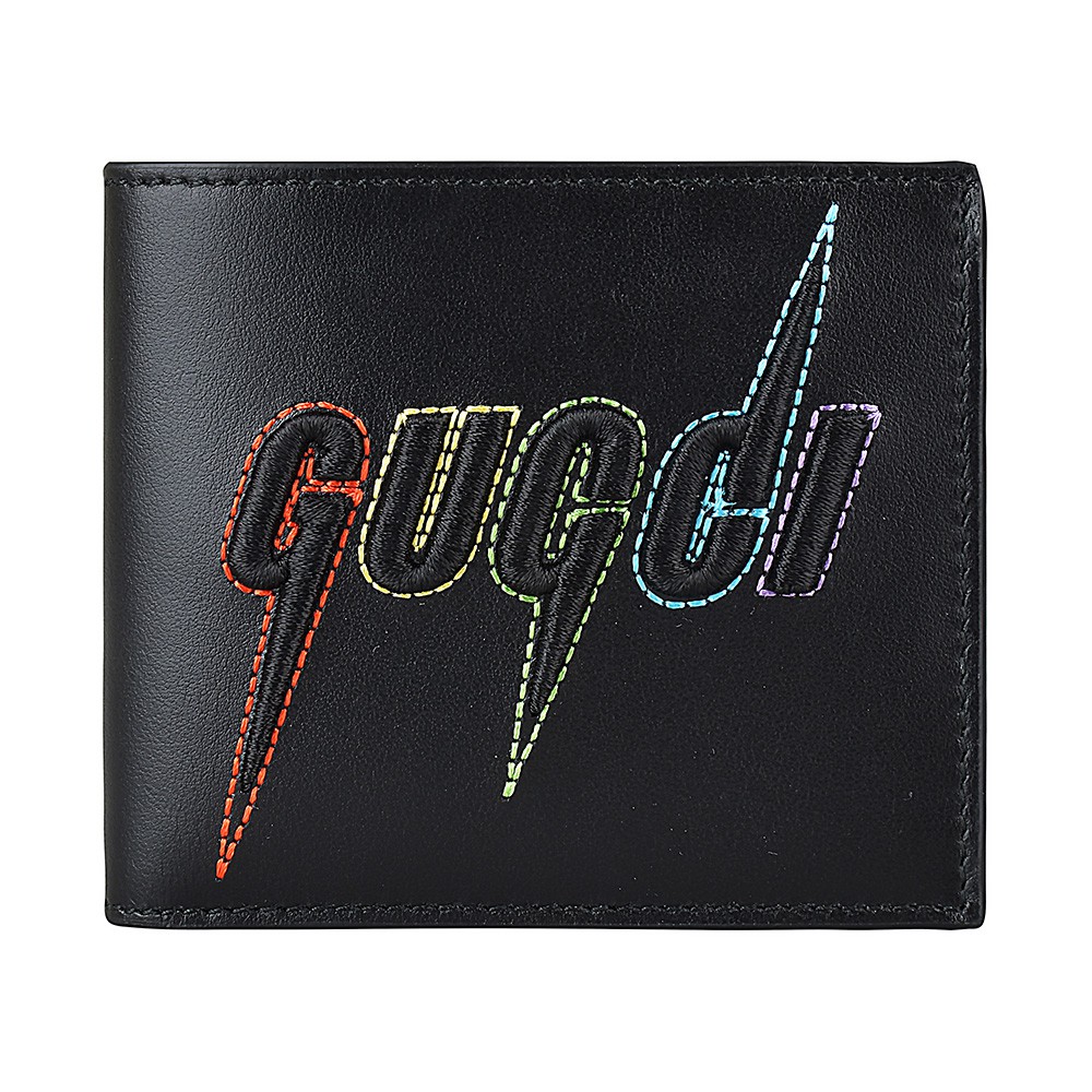 GUCCI Blade彩色刺繡LOGO牛皮8卡男仕對折短夾(黑)