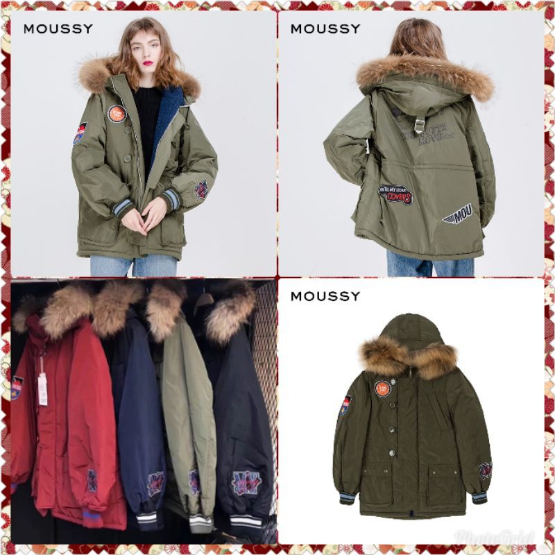 日本購入 日本 辣妹品牌 MOUSSY 徽章布貼 內裡QQ泰迪熊刷毛 螺紋袖口 連帽毛毛領 貉子毛 拉鏈夾克大衣外套