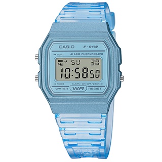 CASIO / 卡西歐 方形造型 果凍漸層 電子液晶 橡膠手錶 半透明藍色 / F-91WS-2 / 35mm