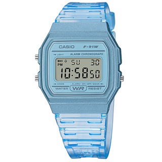 CASIO / 卡西歐 方形造型 果凍漸層 電子液晶 橡膠手錶 半透明藍色 / F-91WS-2 / 35mm