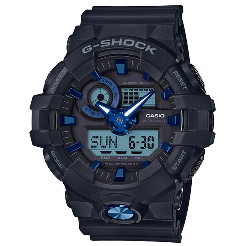 保證正品～G-SHOCK  亮麗金屬感設計運動休閒錶-黑 藍（GA-710B-1A2）