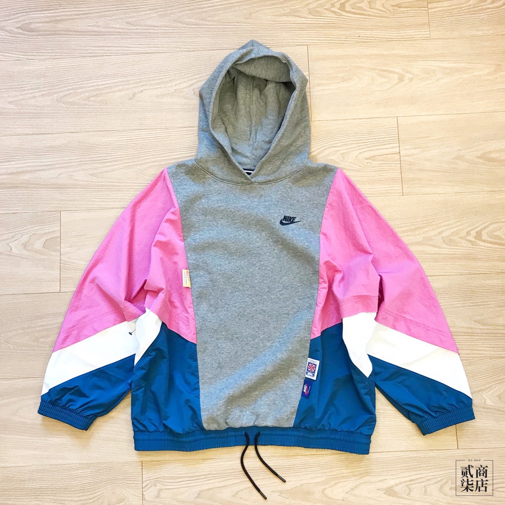 (貳柒商店) NIKE NSW Hoodie 女款 灰色 灰粉紅 復古 拼接 帽T 飛鼠袖 刷毛 CJ2030-091