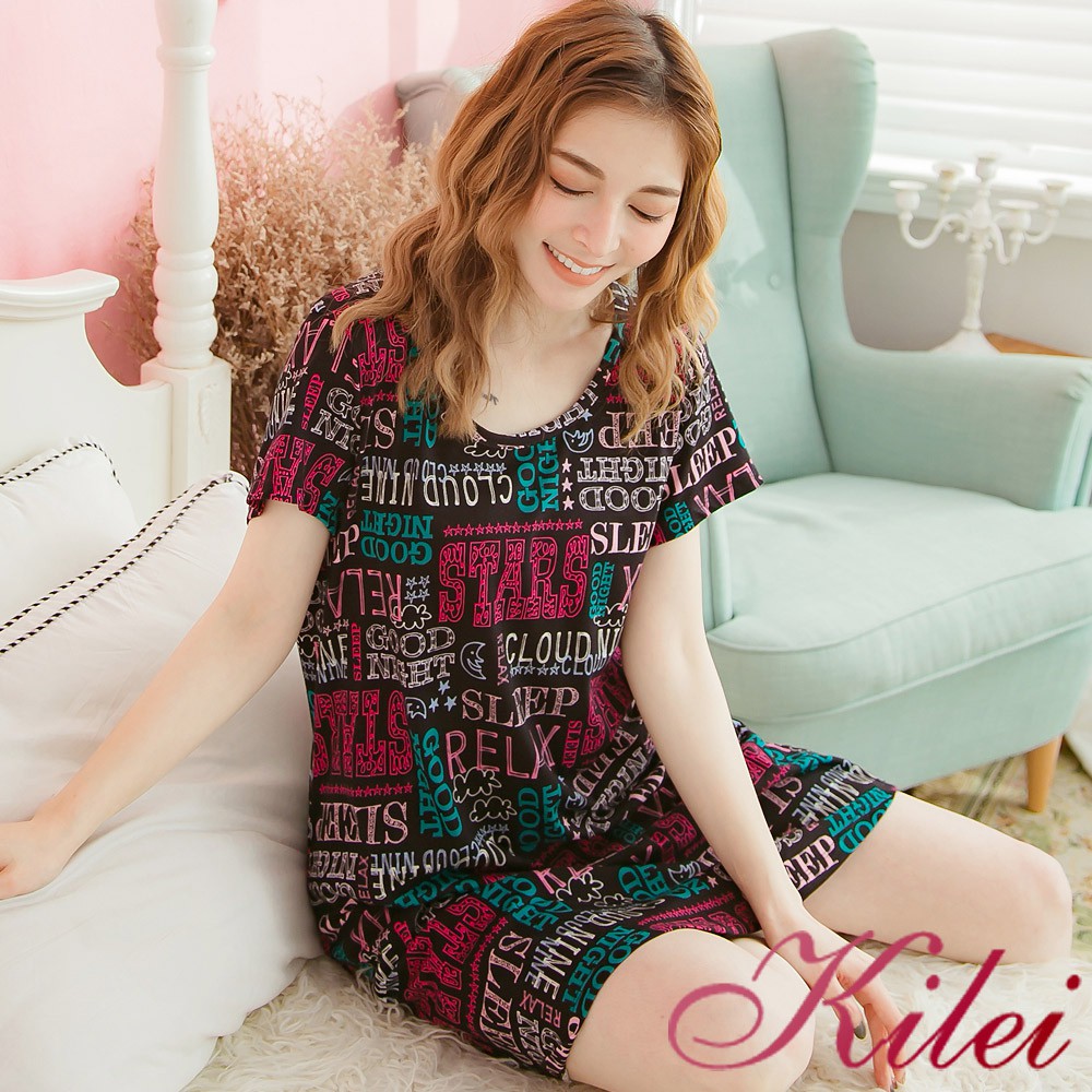 【Kilei】多色英文字棉質連身休閒T睡衣XA3712(時尚黑)全尺碼