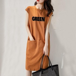 洋裝 洋裝連衣裙 圓領 無袖 2020 夏季 韓版 女裝 流行款 寬鬆 顯瘦 字母 T卹 連衣裙 新款 摩天大樓