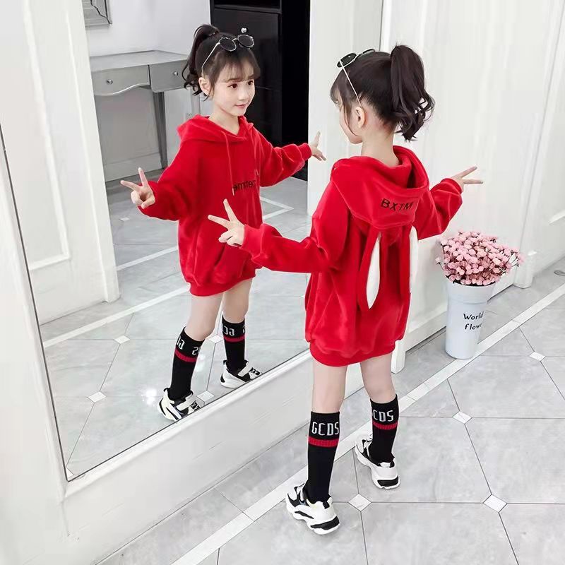 【HOT 本鋪】女童連帽衛衣 2021新款小女孩加絨加厚長款衛衣裙 中大童連帽上衣 運動休閒 韓版童裝