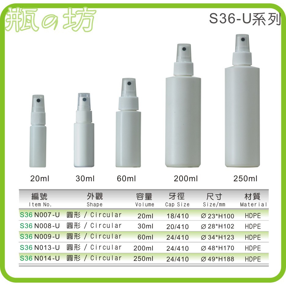【瓶之坊】( S36-U系列) PE白色噴瓶 20ML/60ML噴瓶