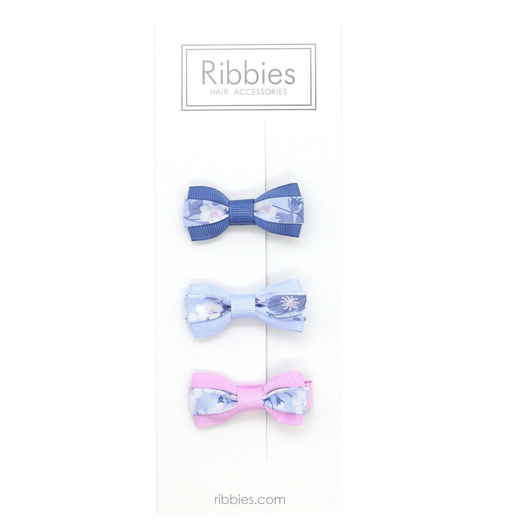 英國 Ribbies Clippies雙色緞帶蝴蝶結髮夾3入組-Mitsi Blue