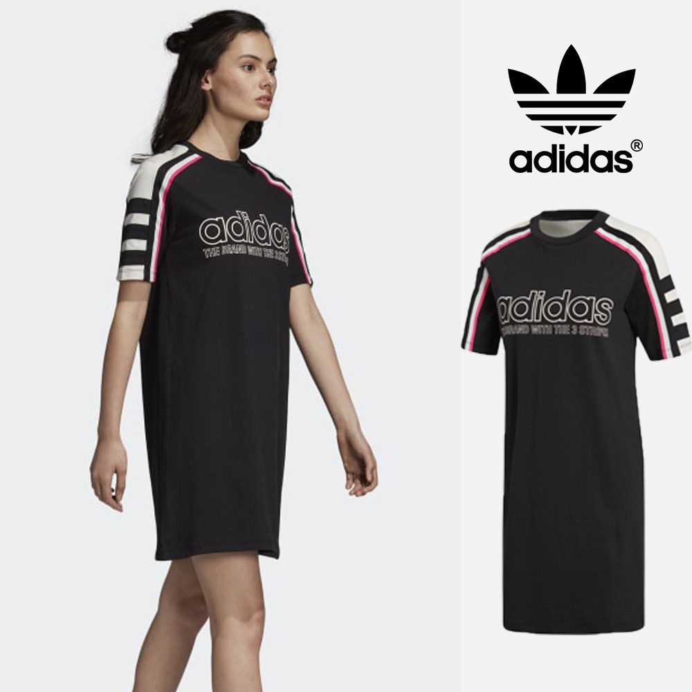 Adidas 黑 洋裝 女款 運動 休閒 純棉 上衣 短袖 長版 連身裙 DH4190