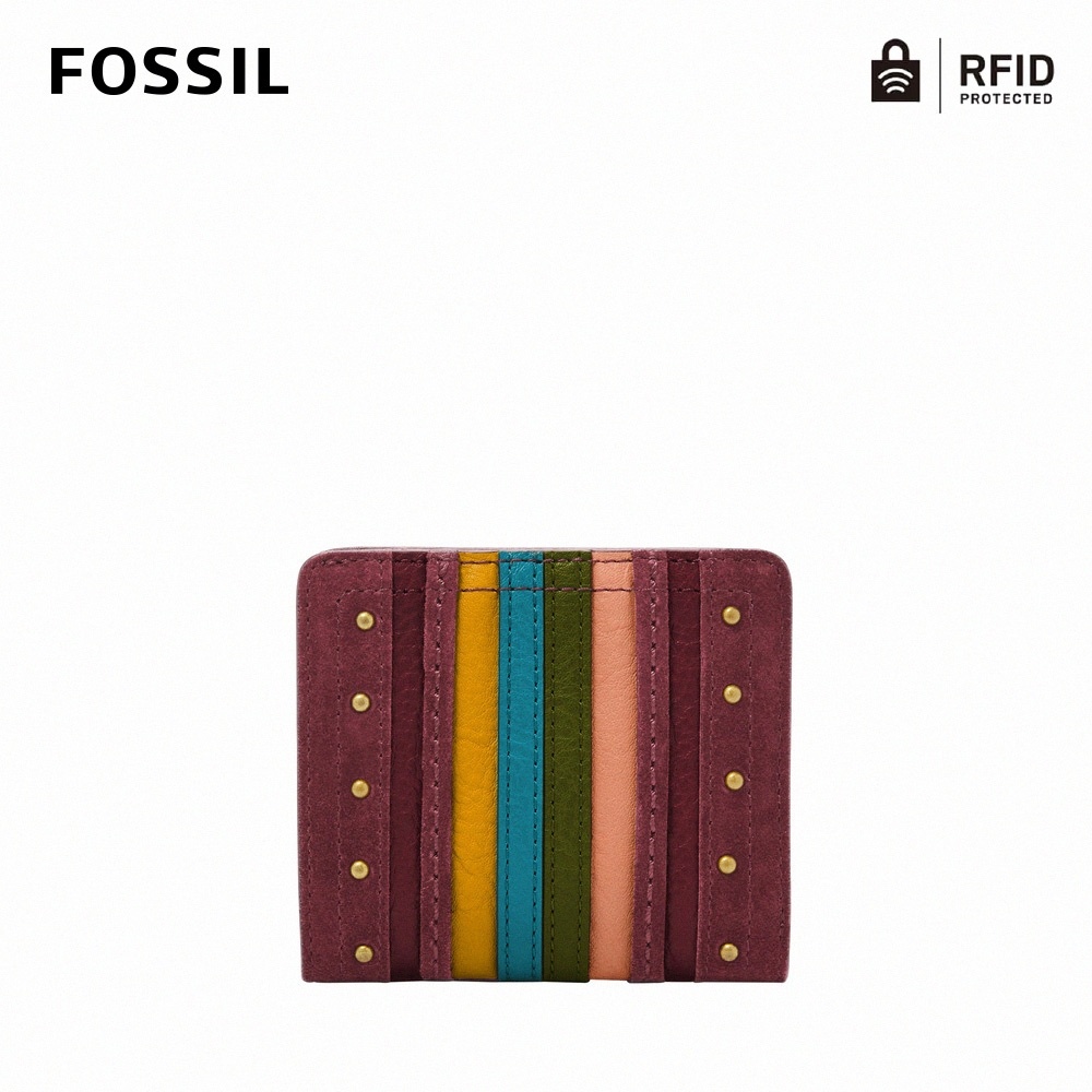 FOSSIL Logan 條紋拚色鉚釘RFID防盜短夾-咖啡紅 SL6400599