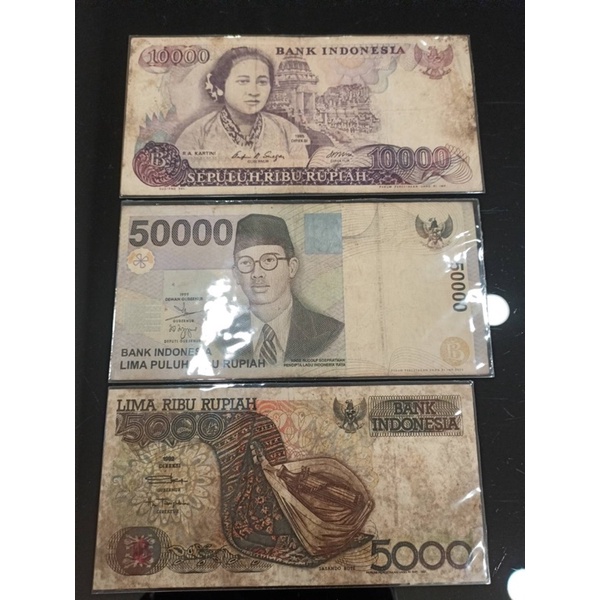 舊版'印尼鈔票/1985-1992-99年（50000-10000-5000盾）*3張