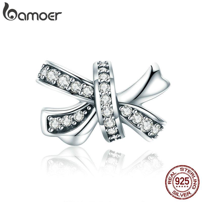 Bamoer 時尚 925 純銀甜美蝴蝶結耀眼水晶 CZ 魅力珠子適合女士手鍊 DIY 珠寶製作