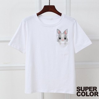 SUPER COLOR 韓版刺繡兔子口袋短袖上衣