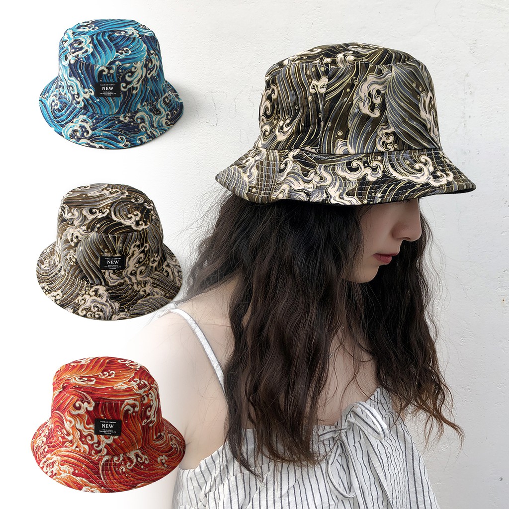日式和風海浪燙金刺繡雙面戴漁夫帽休閑遮陽帽原宿盆帽子男女夏潮 蝦皮購物