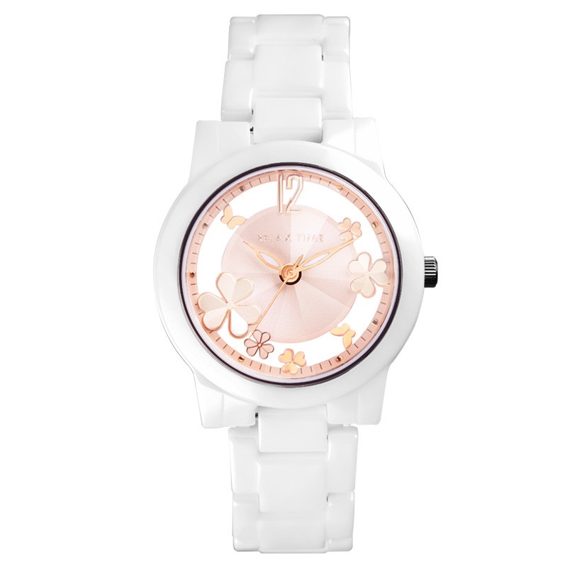RELAX TIME Garden系列 鏤空陶瓷腕錶-白X粉紅(RT-80-3)麗寶錶樂園