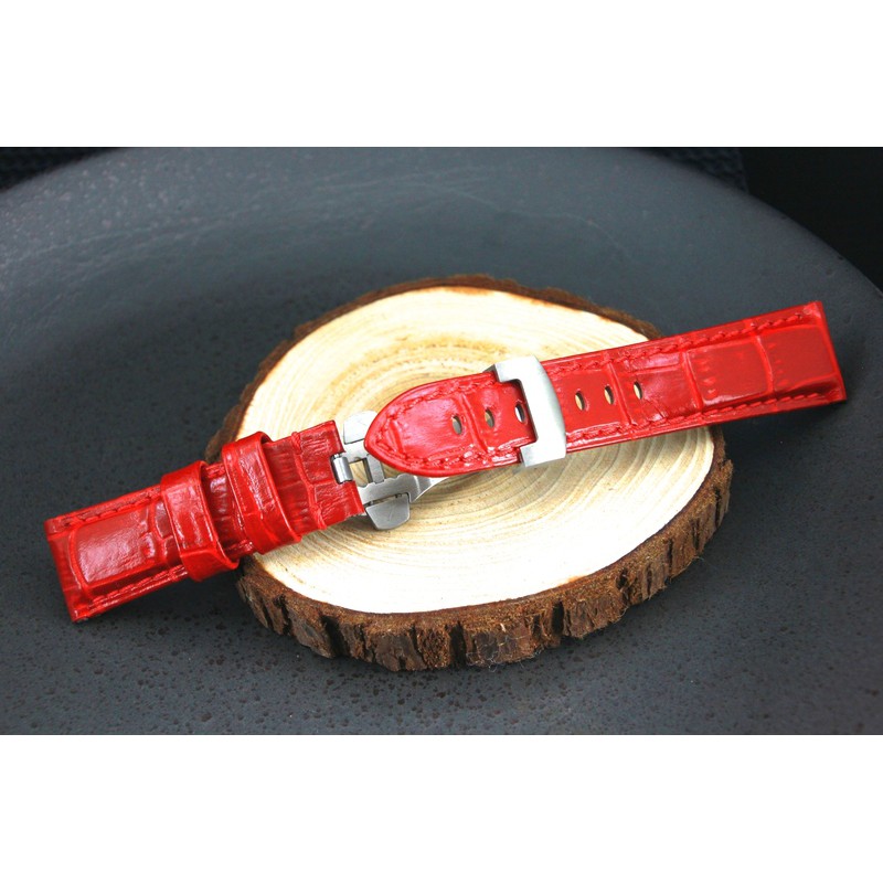 紅色 22mm or 24mm可替代panerai沛那海原廠錶帶鱷魚皮紋牛皮錶帶雙按式不鏽鋼製飛機扣